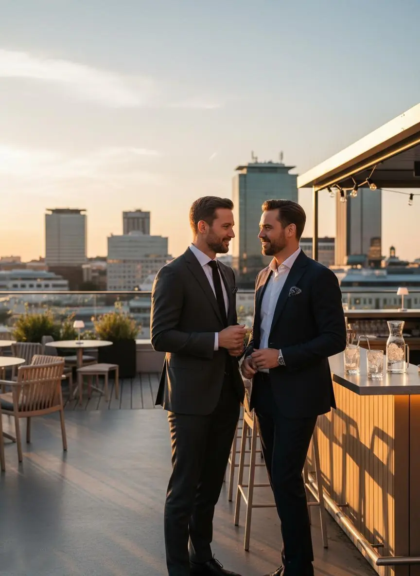 Sophisticated gay sugar daddy couple at rooftop bar