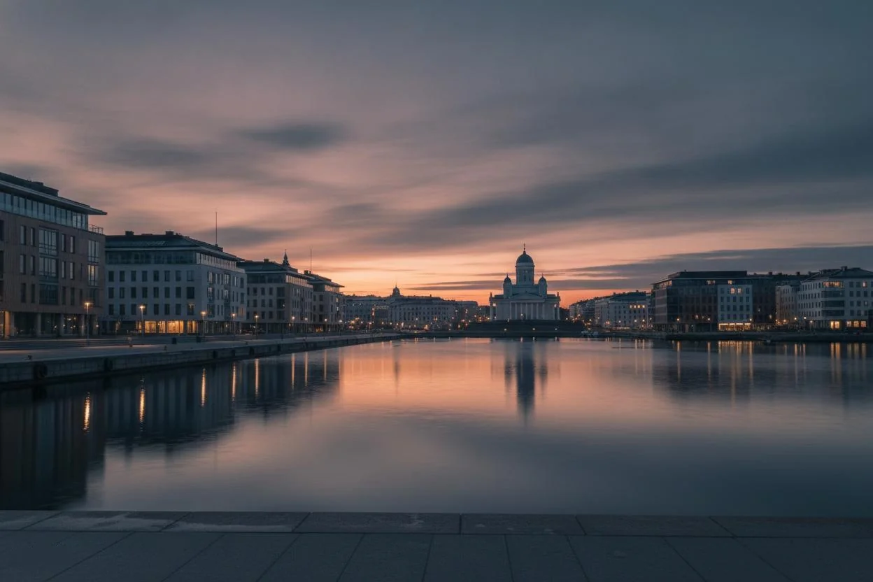 Helsingin rantamaisema hämärän aikaan