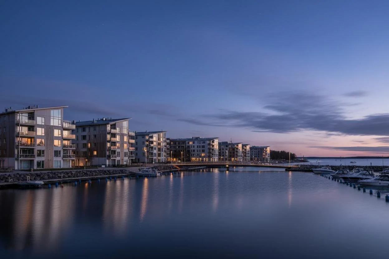 Oulun rantamaisema ja moderni arkkitehtuuri sinisen hetken aikaan
