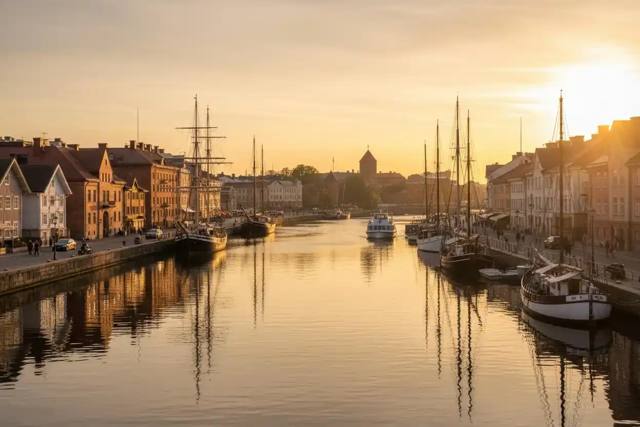 Turun historiallinen jokiranta ja purjelaivoja auringonlaskussa